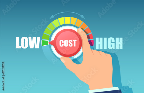 Vector of a business man hand turning cost dial to a low position