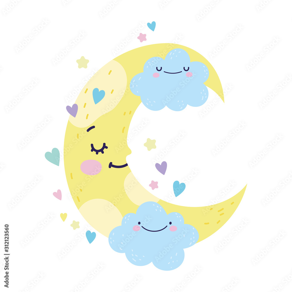 baby shower cute half moon clouds hearts cartoon