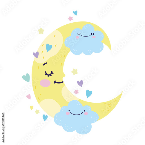 baby shower cute half moon clouds hearts cartoon