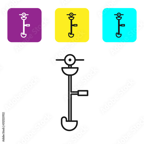 Black line Grass and weed electric string trimmer icon isolated on white background. Grass clipper, lawn mower isolated on white background. Set icons colorful square buttons. Vector Illustration