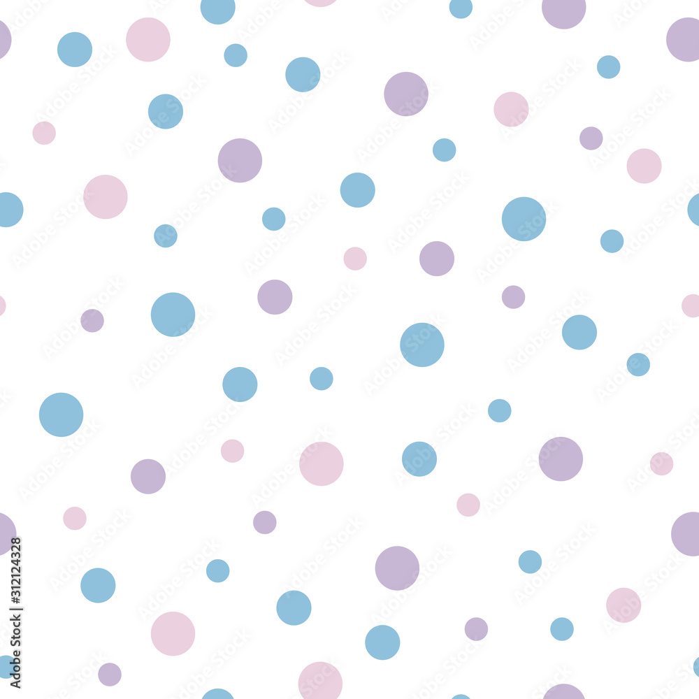 Vector seamless pattern pastel rainbow with purple, pink, blue polka dots and white background