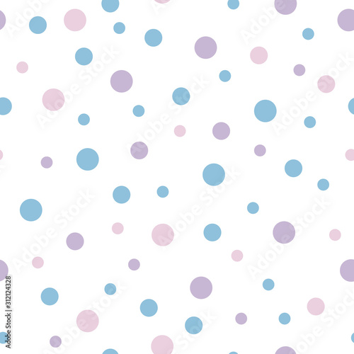 Vector seamless pattern pastel rainbow with purple, pink, blue polka dots and white background