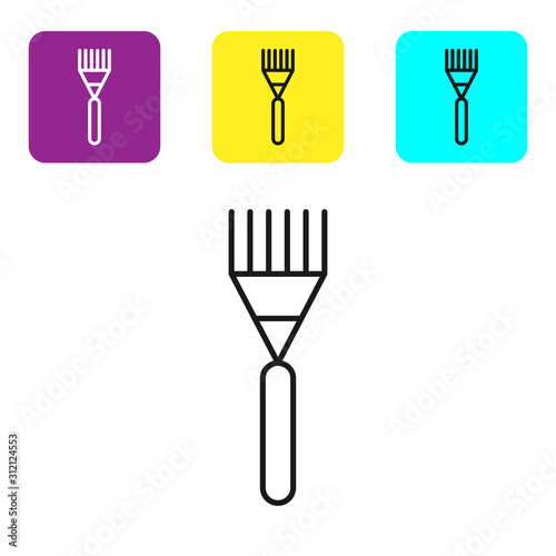 Black line Garden rake icon isolated on white background. Tool for horticulture, agriculture, farming. Ground cultivator. Housekeeping equipment. Set icons colorful square buttons. Vector Illustration