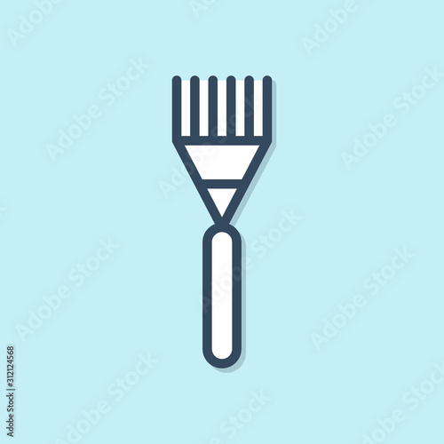Blue line Garden rake icon isolated on blue background. Tool for horticulture, agriculture, farming. Ground cultivator. Housekeeping equipment.  Vector Illustration
