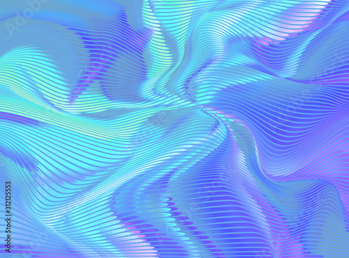 Vector warped lines blue background. Modern abstract creative backdrop with multicolor variable width stripes. Twisted stripes optical illusion. Moire waves.