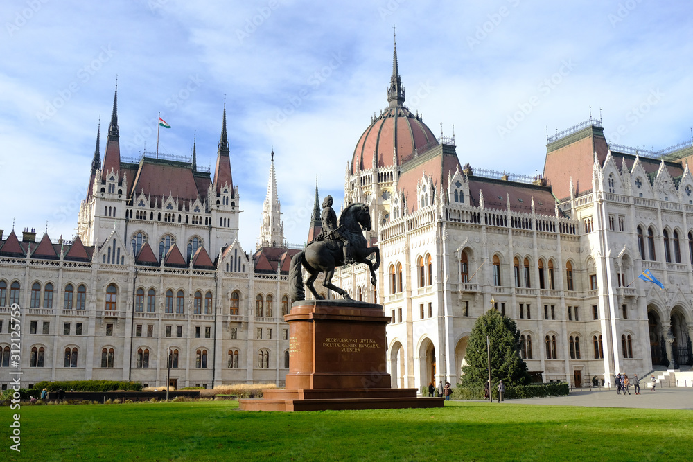 A mounted statue of Count Gyula Andrassy at Kossuth Square near Hungarian Parliament Building in Budapest, Hungary.