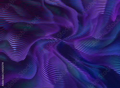 Vector warped lines blue background. Modern abstract creative backdrop with multicolor variable width stripes. Twisted stripes optical illusion. Moire waves.