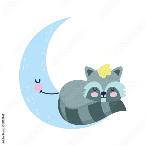 baby shower cute raccoon sleeping on half moon