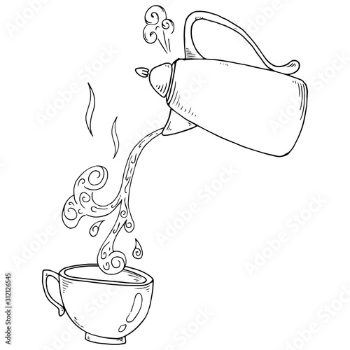 Coffee pot with a cup of coffee icon. Vector illustration of a mug with coffee and coffee pot. Hand drawn doodle coffee pot with hot coffee and cups for coffee.