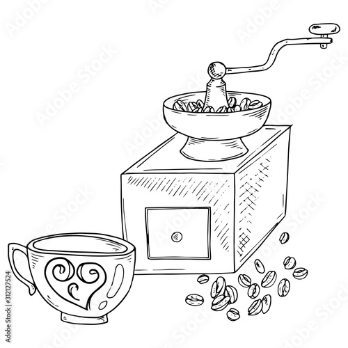 Coffee grinder with coffee beans icon. Vector illustration of an old coffee grinder and coffee mug.