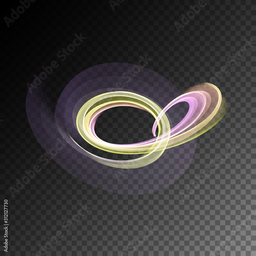 Vector magic glowing swirl trail transparent light effect. Bright shine wavy element for your design.
