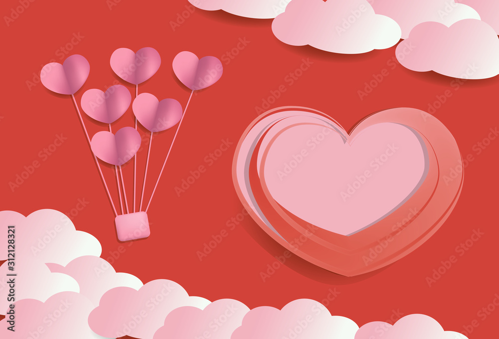papper cut banner with hearts and clouds for valentines day.
