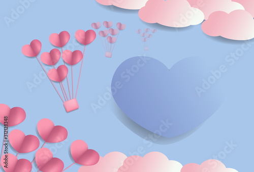 papper cut banner with hearts and clouds for valentines day.