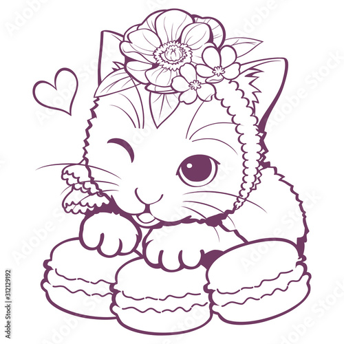 Cute hand drawn doodle sweet cat, macaron and heart vector illustration, purple outline, kawaii character design, Coloring book, wallpaper and sticker tattoo.