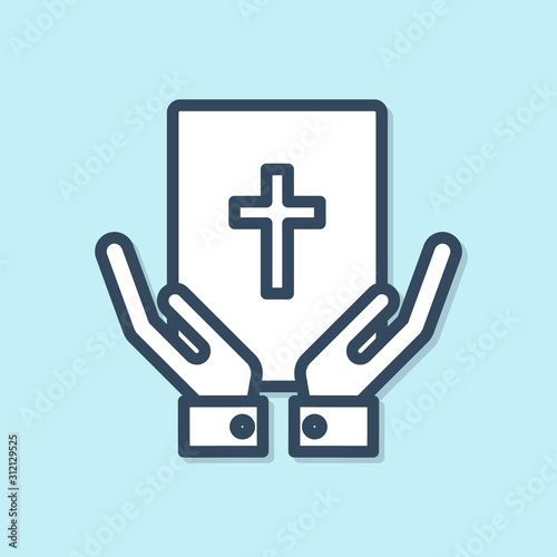 Blue line Oath on the Holy Bible icon isolated on blue background. The procedure in court. Truth and truth. Promise before god.  Vector Illustration