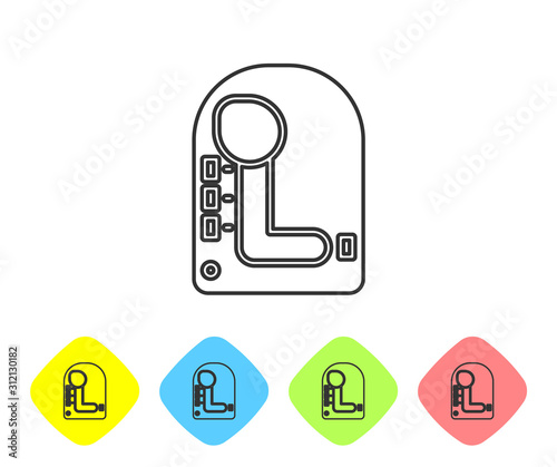 Grey line Gear shifter icon isolated on white background. Transmission icon. Set icons in color rhombus buttons. Vector Illustration