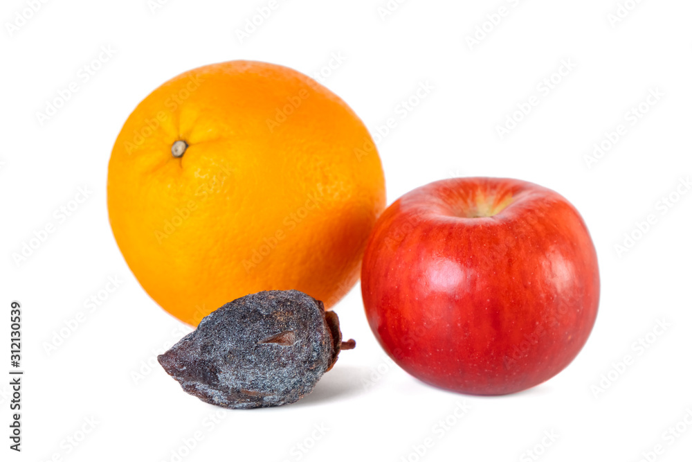 Single orange fruit, red apple and dry persimmon isolated on white background. Single orange fruit, red apple and dry persimmon isolated on white background.