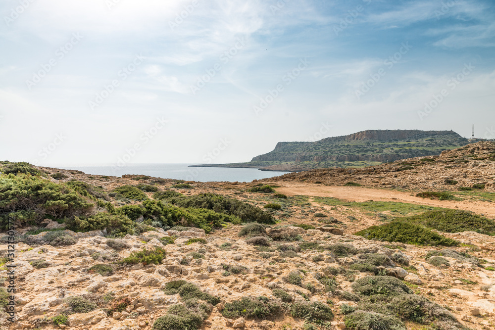 Overlook of Mediterranean sea shore and bay