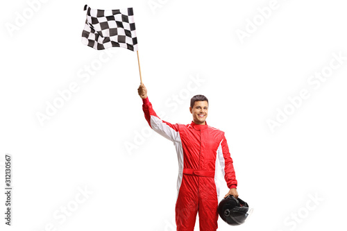 Formula holding a checkered flag and a helmet