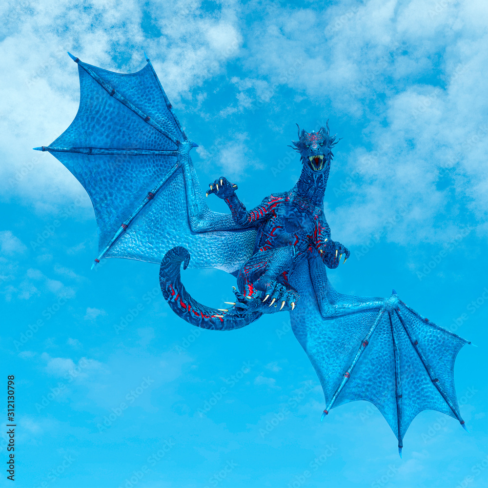 blue ice dragon floating near the ground on frozen land bottom view