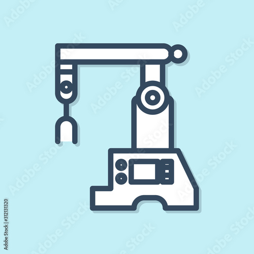 Blue line Assembly line icon isolated on blue background. Automatic production conveyor. Robotic industry concept.  Vector Illustration