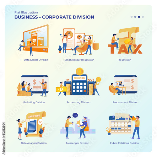 Collection of vector design illustrations about corporate division for business graphic resources