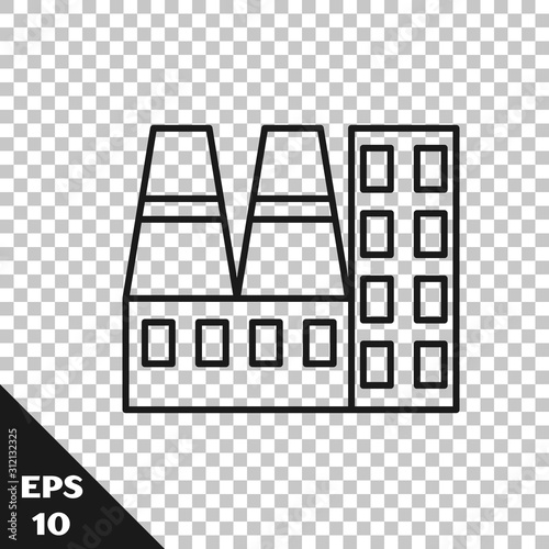 Black line Power station plant and factory icon isolated on transparent background. Energy industrial concept.  Vector Illustration