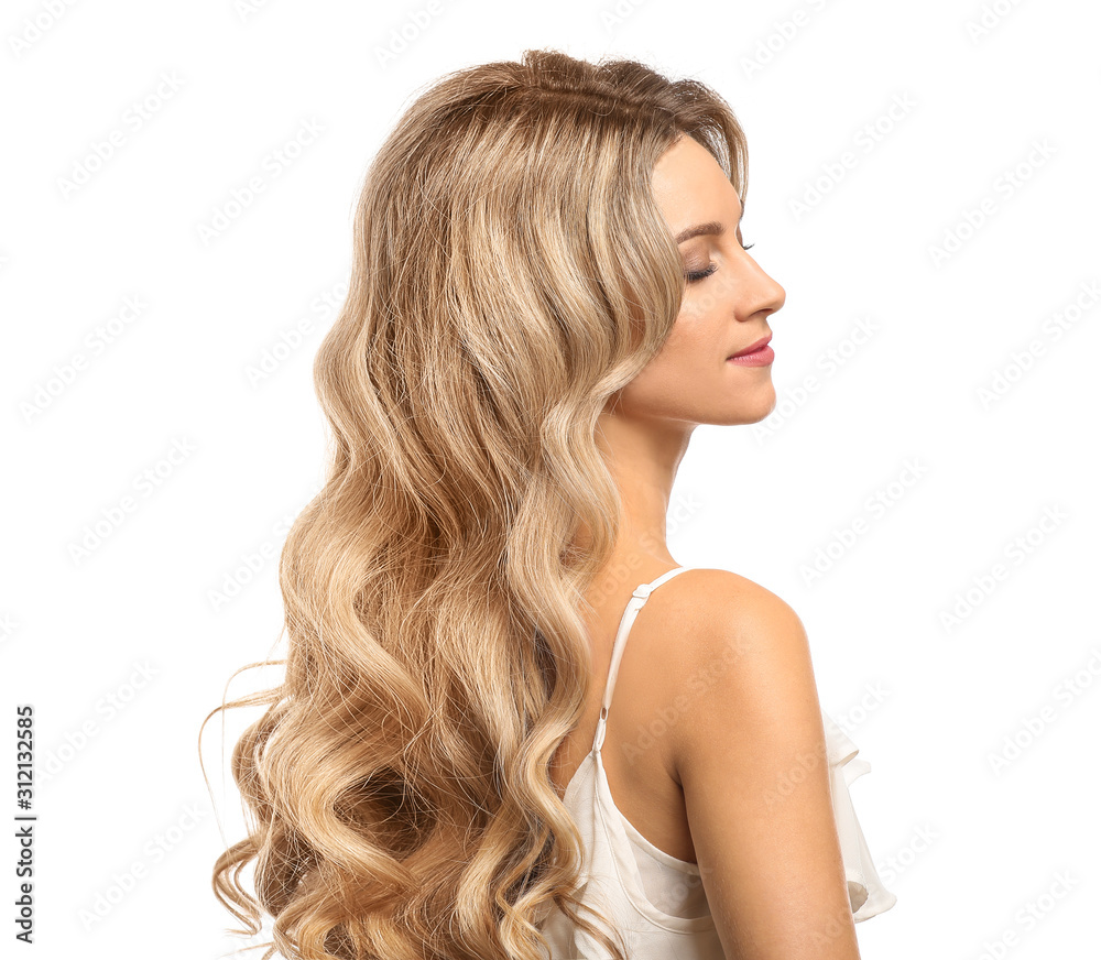 Beautiful young woman with curly hair on white background Beautiful young woman with curly hair on white background