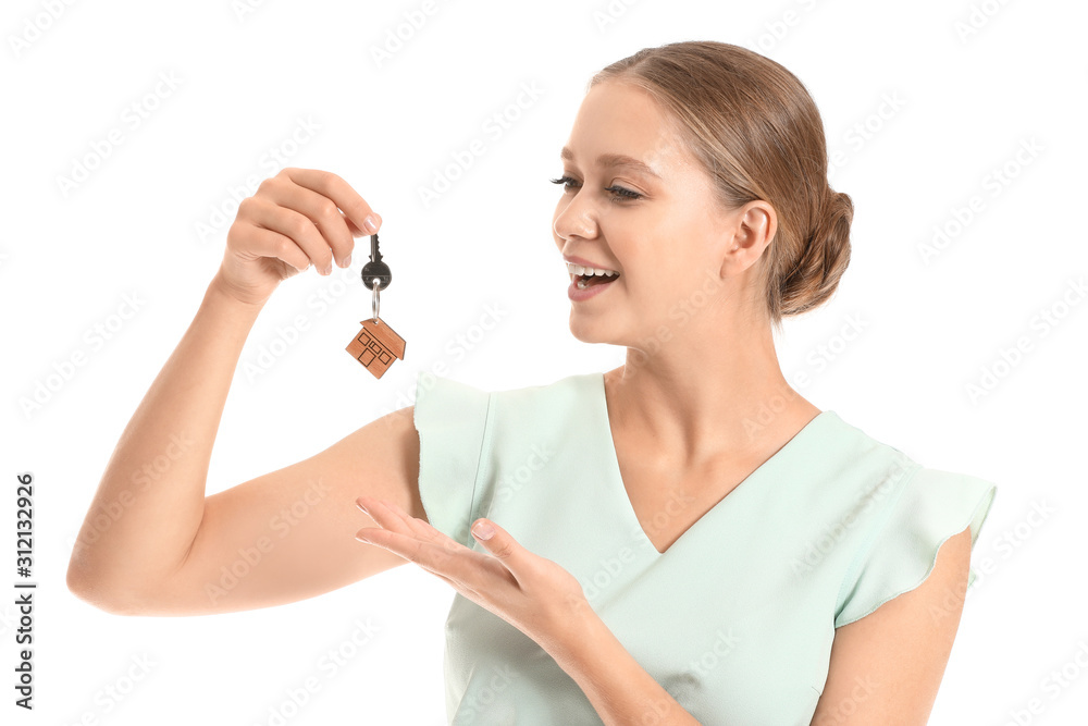 Female real estate agent with key on white background Female real estate agent with key on white background