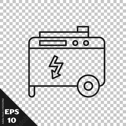 Black line Portable power electric generator icon isolated on transparent background. Industrial and home immovable power generator.  Vector Illustration