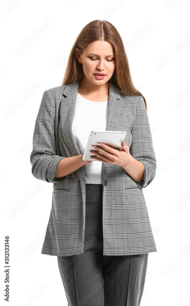 Beautiful young businesswoman with tablet computer on white background Beautiful young businesswoman with tablet computer on white background