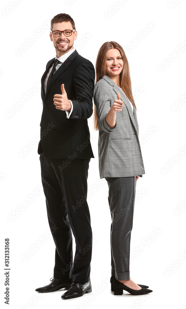 Business people showing thumb-up gesture on white background Business people showing thumb-up gesture on white background