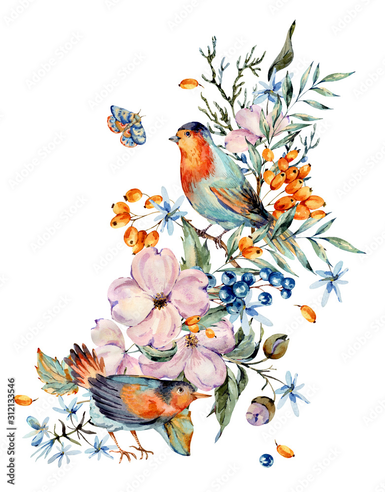 Gentle watercolor bouquet with pair of birds, pink, light blue flowers, blue and orange berries, twigs, leaves, buds.