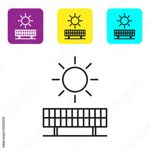 Black line Solar energy panel and sun icon isolated on white background. Set icons colorful square buttons. Vector Illustration