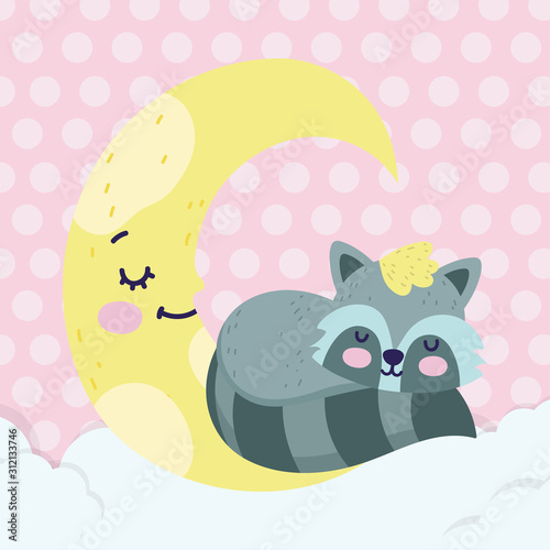 baby shower cute raccoon sleeping half moon cartoon