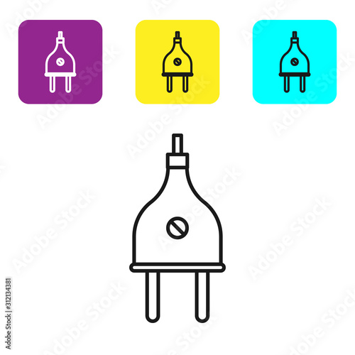 Black line Electric plug icon isolated on white background. Concept of connection and disconnection of the electricity. Set icons colorful square buttons. Vector Illustration