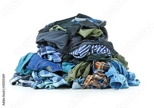 Heap of different clothes on white background