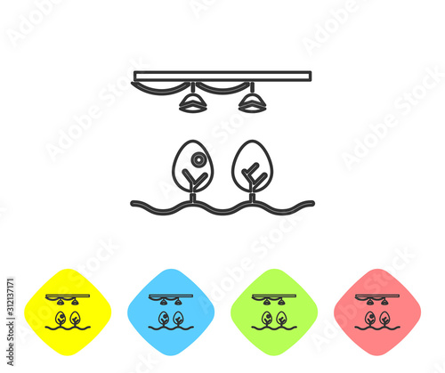 Grey line Smart farm with light bulb and plant symbol icon isolated on white background. Set icons in color rhombus buttons. Vector Illustration