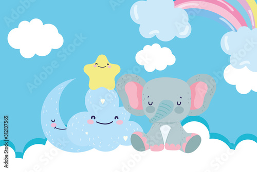 baby shower cute elephant half moon star cloud cartoon