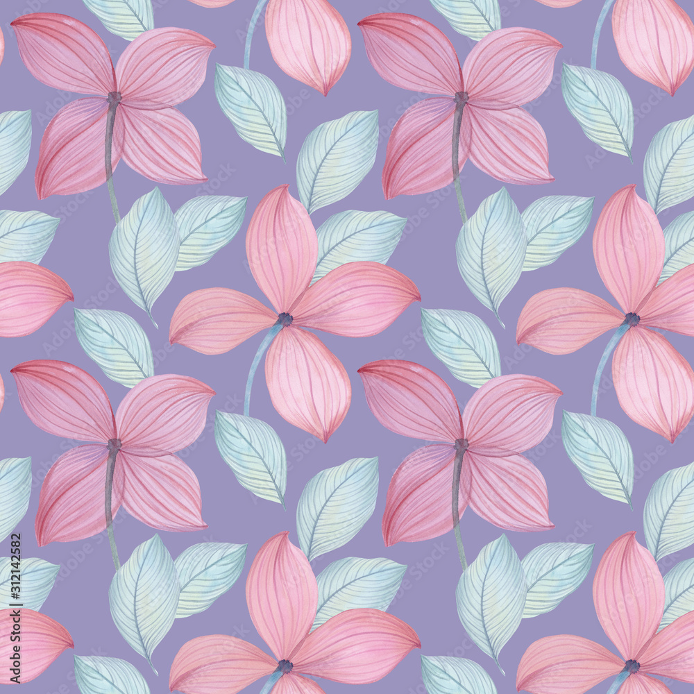 Seamless watercolor flowers pattern. Floral pattern for your design and decor. Delicate flowers and leaves for wrapping paper.
