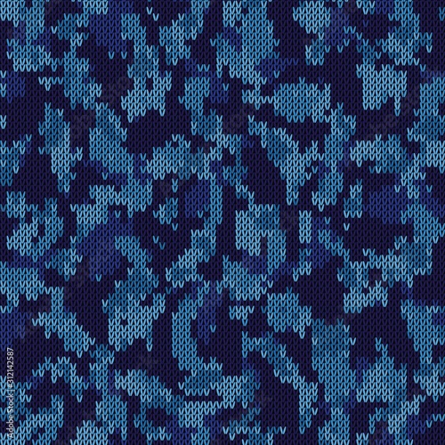  Classic blue tweed knit stitch effect vector texture. Masculine camouflage seamless melang pattern. Hand knitting sweater. Close up fabric textile  background. Homespun wool allover print swatch