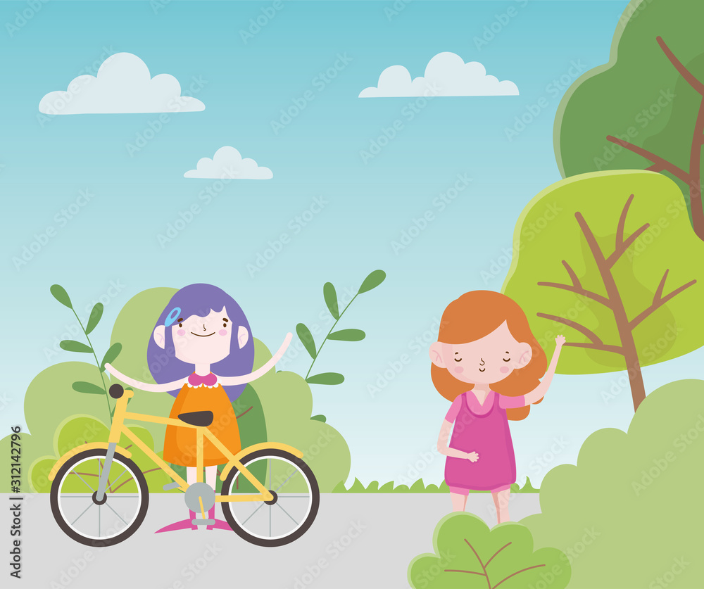 happy childrens day cute little girl with bike and others waving hand in the park happy childrens day cute little girl with bike and others waving hand in the park