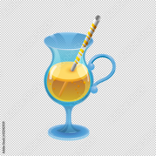 A cocktail glass with natural fruit juice and a drinking straw. Bright sweet drink for parties. Cartoon style. Vector illustration.