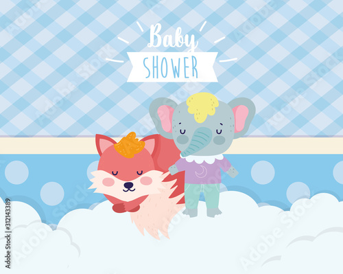 baby shower cute elephant with clothes and sleeping fox