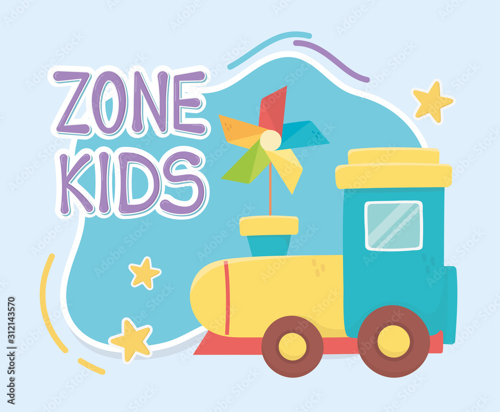 kids zone, plastic train and pinwheel with stick toys