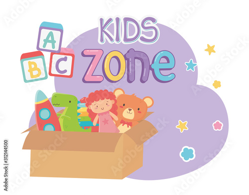 kids zone, filled cardboard box with toys