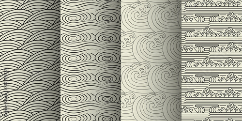 Sea waves and tide line seamless pattern background. Monochrome black and white backdrop in Chinese style. Hand drawing elegant design