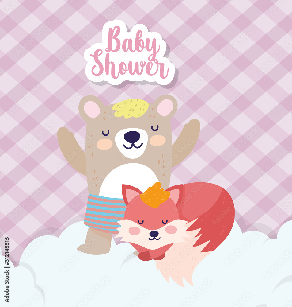 baby shower cute bear with short pants and fox cartoon