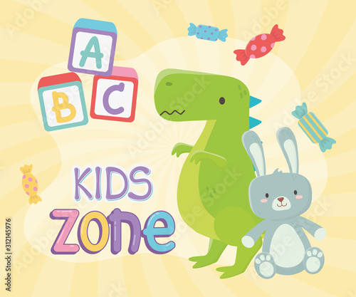 kids zone, green dinosaur and cute rabbit toys © Stockgiu