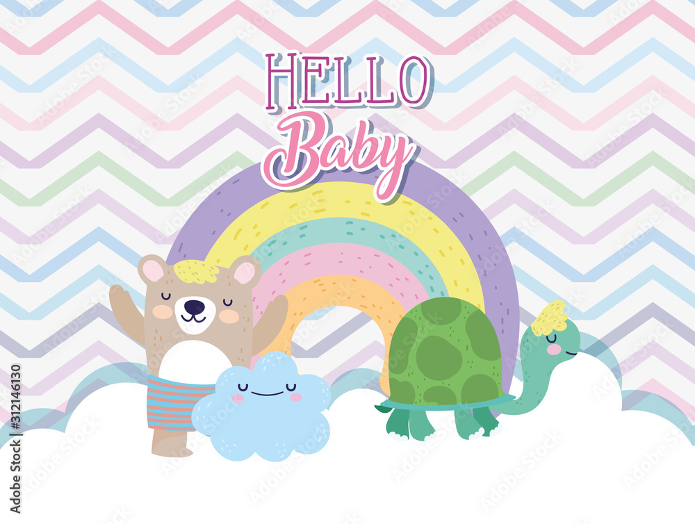 baby shower cute turtle bear rainbow with clouds cartoon